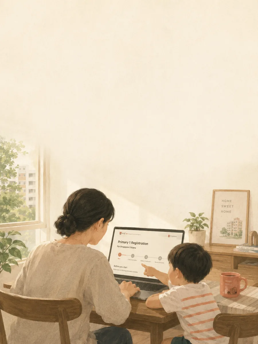 A Singaporean parent and young child at home at the dining table, doing online Primary 1 registration on a laptop