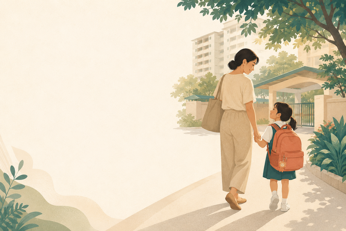 A parent walking their young child, in school uniform with a backpack, to a Singapore primary school