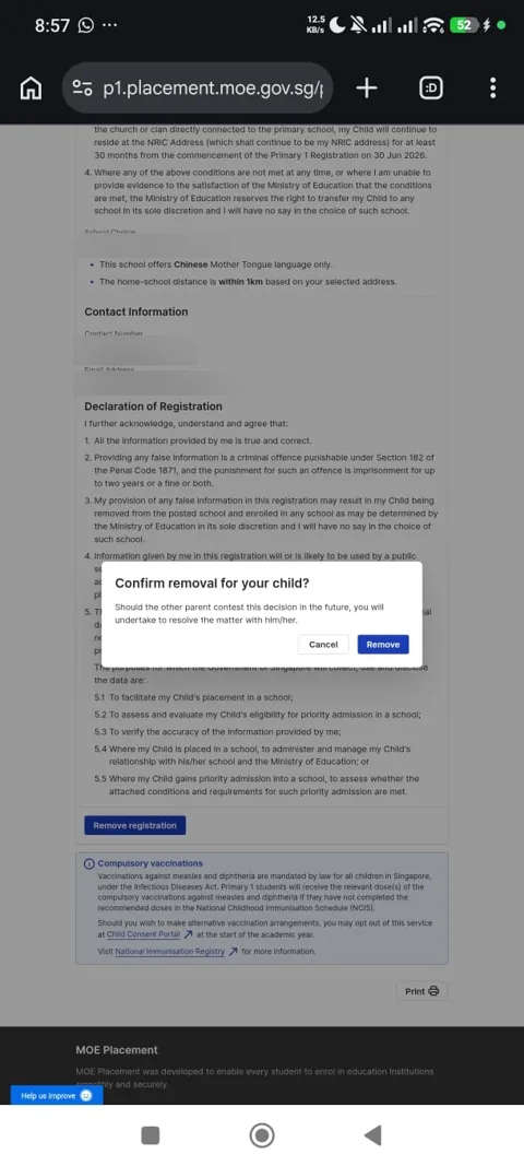 Confirm removal prompt